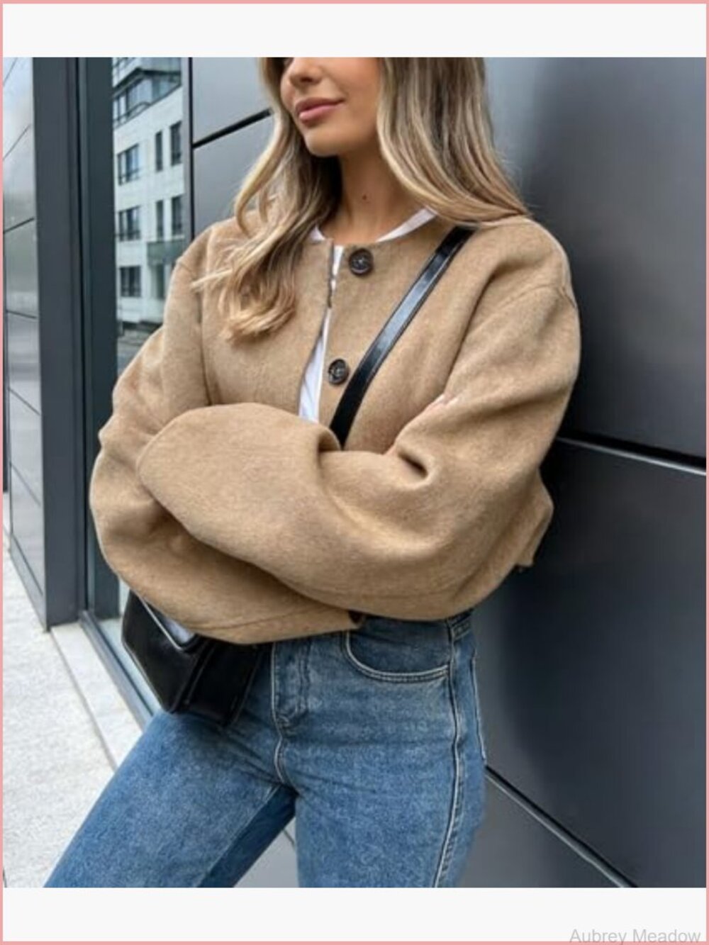 Cropped Wool Blend Pea Coat Short Jacket Long Sleeve Button Down - Picture 3 of 7